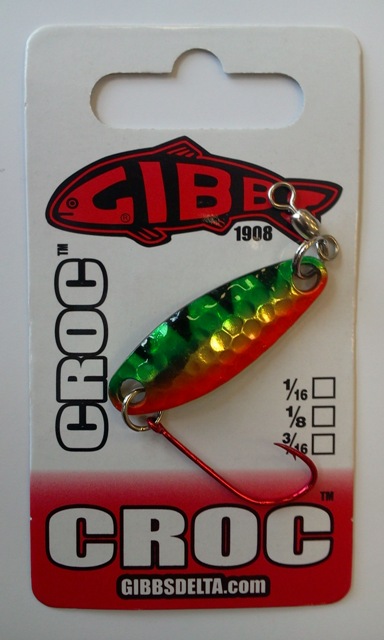 CROC Blinker Messing Metallic Perch - CROC Blinker von Gibbs Delta! Blinker der Serie CROC sind super Kunstköder für das Angeln auf Raubfische wie Hecht, Seeforelle, Bachforelle, Regenbogenforelle, Rapfen, Barsch, Döbel, Aitel, Saibling, Äsche. Es gibt die Blinker von Gibbs Delta mit verschiedenen Gewichten. Diese CROC Blinker von Gibbs Delta gehören zu den besten Kunstköder mit Schuppenbild. Sie sind ideal zum Spinnfischen im Uferbereich, oder zum Spinnangeln vom Angelboot aus.