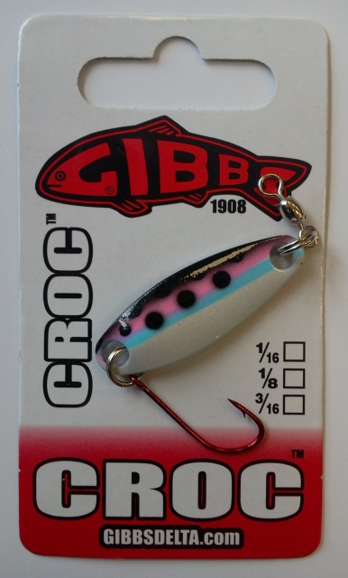 CROC Blinker Rainbow Trout - CROC Blinker von Gibbs Delta! Blinker der Serie CROC sind super Kunstköder für das Angeln auf Raubfische wie Hecht, Seeforelle, Bachforelle, Regenbogenforelle, Rapfen, Barsch, Döbel, Aitel, Saibling, Äsche. Es gibt die Blinker von Gibbs Delta mit verschiedenen Gewichten. Diese CROC Blinker von Gibbs Delta gehören zu den besten Kunstköder mit Schuppenbild. Sie sind ideal zum Spinnfischen im Uferbereich, oder zum Spinnangeln vom Angelboot aus.